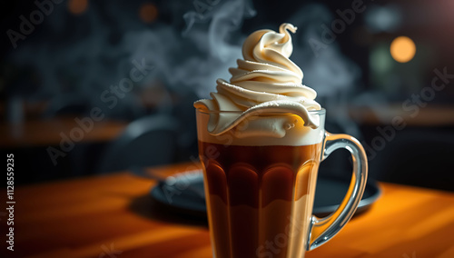 Coffee mug with marshmallows and whipped cream. Generative AI