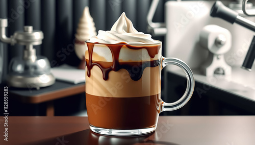 Coffee mug with marshmallows and whipped cream. Generative AI