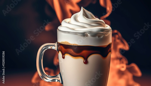 Coffee mug with marshmallows and whipped cream. Generative AI