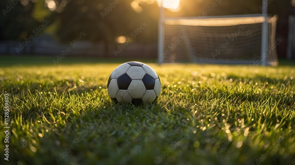 Fototapeta premium Football on fresh grass, waiting for action in golden light.