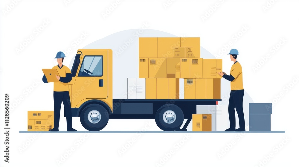 Logistics Delivery Truck Workers Flat Illustration Logistics Delivery Truck Workers Flat Illustration