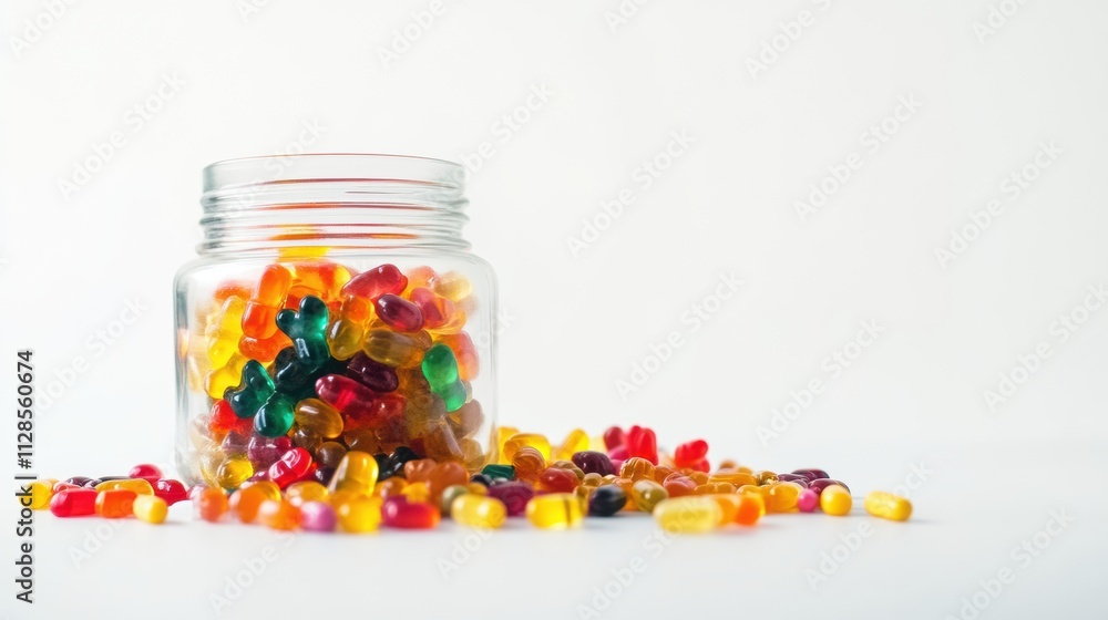 Colorful candy jar with variety of sweets and copy space for branding design Colorful candy jar with variety of sweets and copy space for branding design