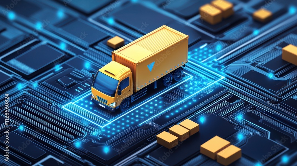 Smart Logistics: Delivery Truck on Digital Circuit Board Smart Logistics: Delivery Truck on Digital Circuit Board