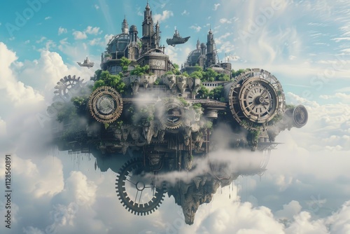 A steampunk city floats among the clouds above photo