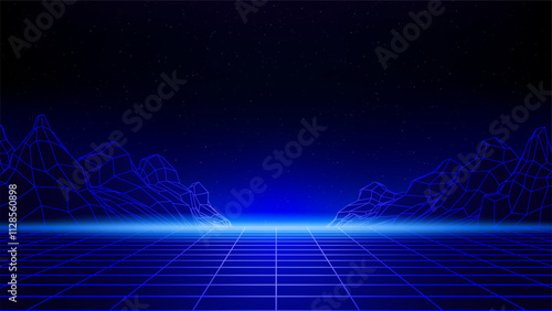 Retro futuristic background. Synthwave 80s style, neon color. Laser, neon grid. Starry sky background, mesh, grid floor, mountain. Futuristic 3d dark blue backdrop, geometric sci-fi template. Vector