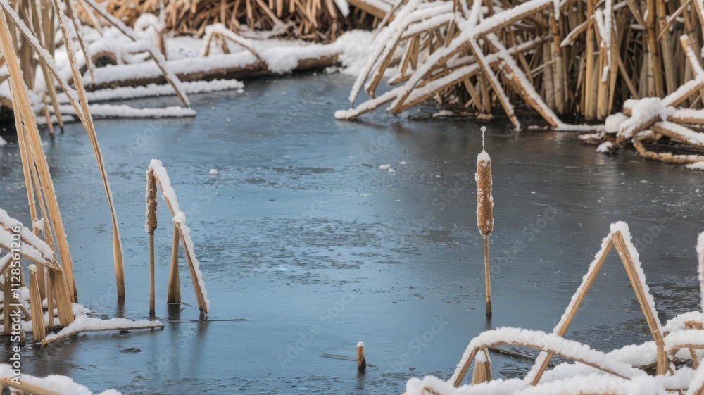 Fototapeta premium Winter Scene: Frosty Marsh with Frozen Water and Cattails. Breathtaking winter landscape featuring frosty cattails and frozen water in a serene marsh environment.