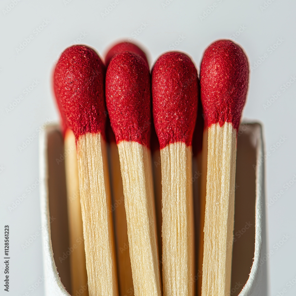 Close up of red tipped matches in matchbox, showcasing their vibrant colors and wooden sticks. image captures essence of everyday items with striking visual appeal Close up of red tipped matches in matchbox, showcasing their vibrant colors and wooden sticks. image captures essence of everyday items with striking visual appeal