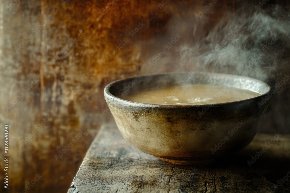 Steaming Broth in Rustic Earthenware Bowl Steaming Broth in Rustic Earthenware Bowl
