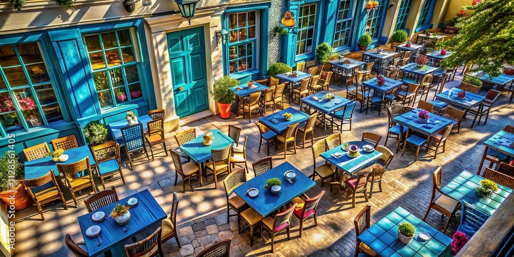 Obraz premium Aerial View of a Charming Restaurant with a Row of Tables and Chairs Beside Blue Windows, Perfect for Capturing the Essence of Dining and Atmosphere in a Cozy Setting
