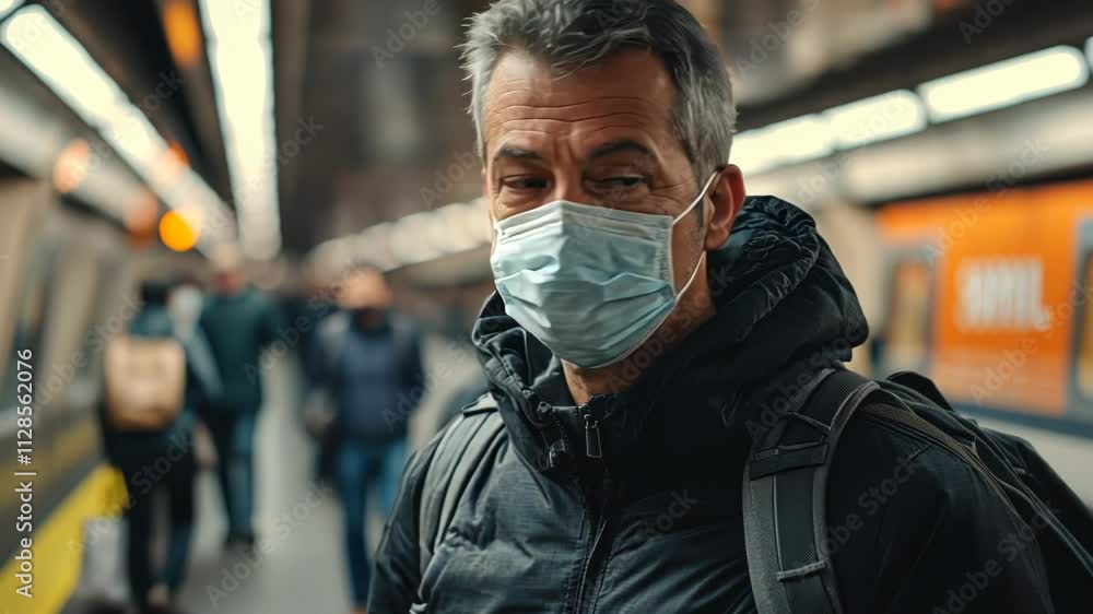 Man wearing a mask and a black jacket stands in a crowded subway station. The man is wearing a backpack and is surrounded by other people. Concept of unease and discomfort Man wearing a mask and a black jacket stands in a crowded subway station. The man is wearing a backpack and is surrounded by other people. Concept of unease and discomfort