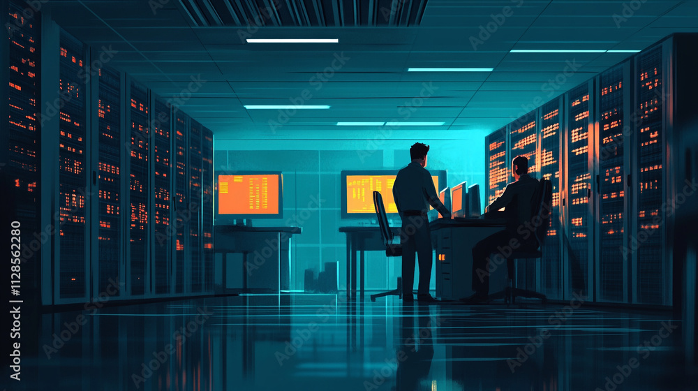 Database administrators manage servers in a dimly lit data center during late evening hours Database administrators manage servers in a dimly lit data center during late evening hours