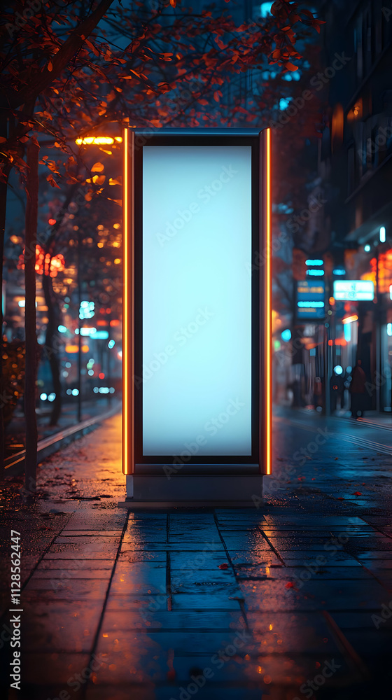 Blank Billboard Glows Brightly at Night in City Blank Billboard Glows Brightly at Night in City