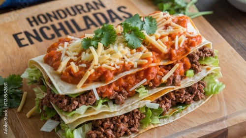 Delicious Honduran Enchiladas with Beef and Cheese. Savor the flavor of traditional Honduran enchiladas topped with beef, cheese, and savory sauce on a wooden board.
