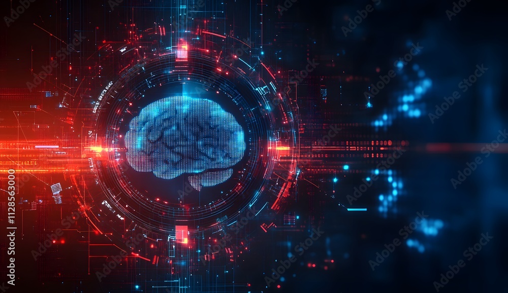 Obraz premium Futuristic Digital Brain with Red and Blue Cyber Elements, Representing Artificial Intelligence