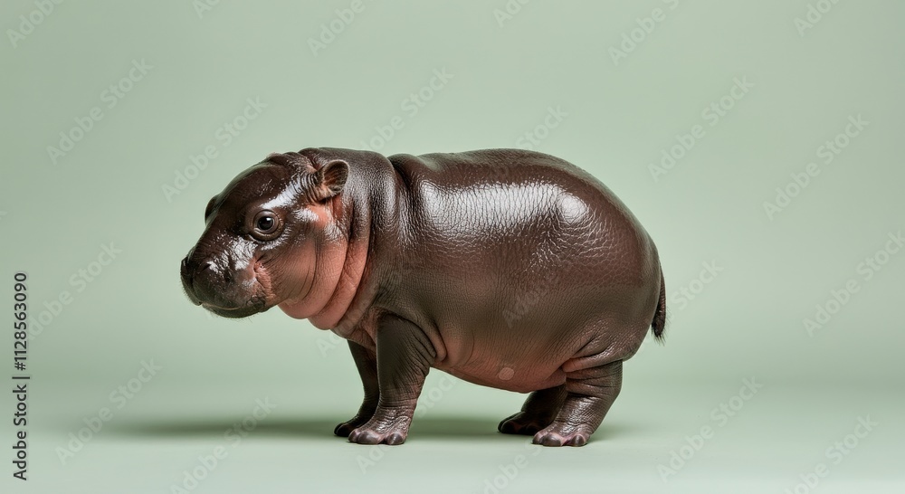 Adorable baby hippo standing against a soft green background for wildlife enthusiasts Adorable baby hippo standing against a soft green background for wildlife enthusiasts