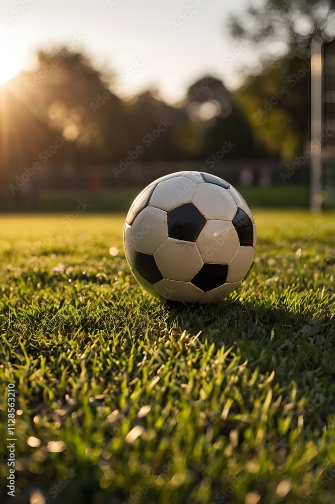 Fototapeta premium Football resting on grass, surrounded by golden sunlight.