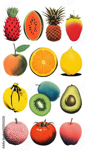 Silk screen style of fruits png cut out set photo