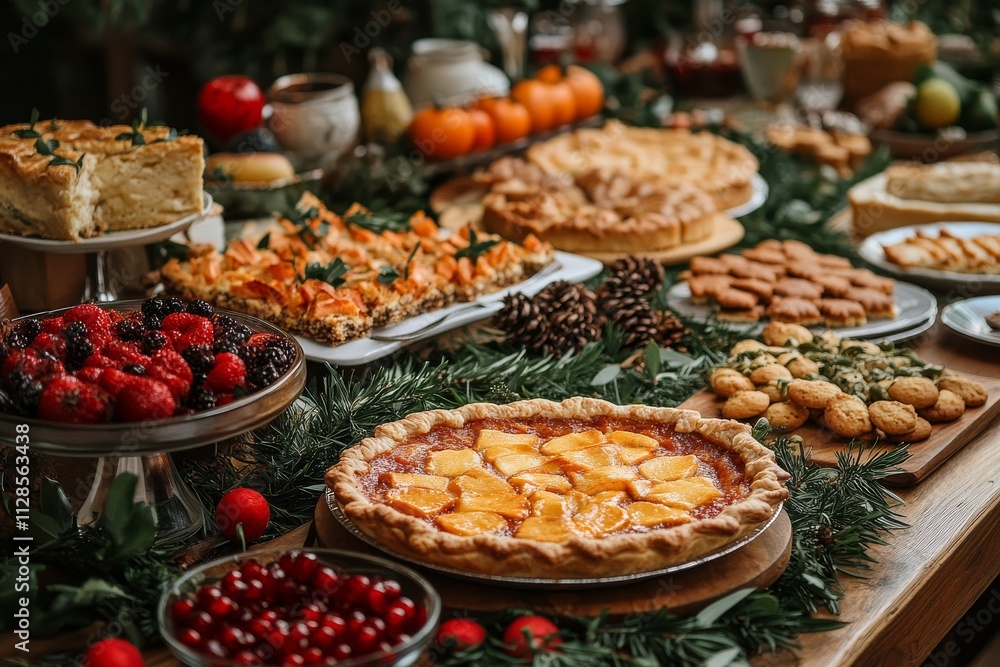 A festive table filled with freshly baked goods like pies, cookies, and cakes. Generative AI A festive table filled with freshly baked goods like pies, cookies, and cakes. Generative AI