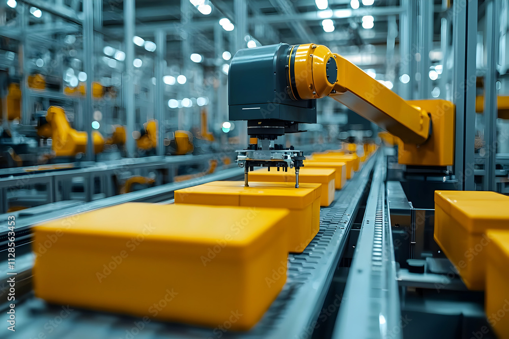 Robots Handle Packages on Conveyor Belt in Factory Robots Handle Packages on Conveyor Belt in Factory
