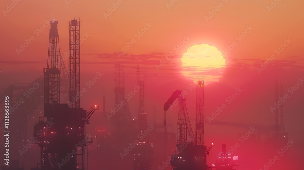 Working Pumpjacks on Sunrise, Silhouette of Oil Pumping Equipment Against a Beautiful Sky, Capturing the Essence of Energy Production and Industrial Strength at Dawn Working Pumpjacks on Sunrise, Silhouette of Oil Pumping Equipment Against a Beautiful Sky, Capturing the Essence of Energy Production and Industrial Strength at Dawn