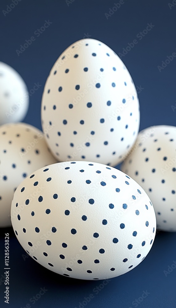 Group of White Easter Eggs Decorated With Black Polka Dots, Isolated on Blue Background Group of White Easter Eggs Decorated With Black Polka Dots, Isolated on Blue Background