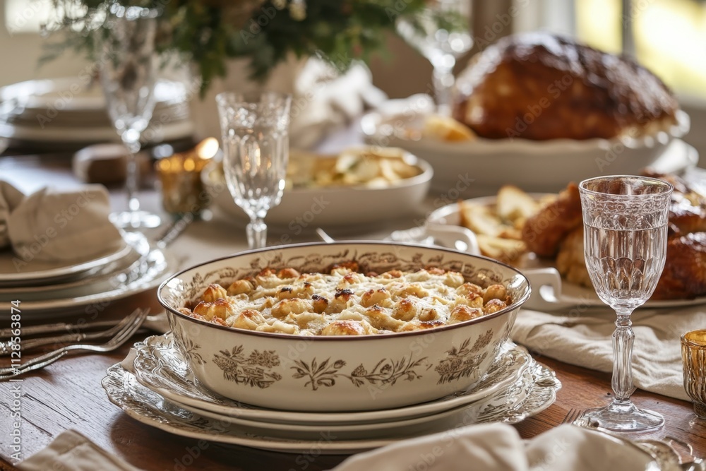 Delicious Creamy Baked Dish At Thanksgiving Dinner Table Delicious Creamy Baked Dish At Thanksgiving Dinner Table