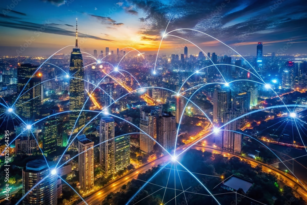 Fototapeta premium Aerial View of a Global Financial Network with Digital Connections Illustrating the Impact of Fintech and Blockchain Technology in Low Light Photography