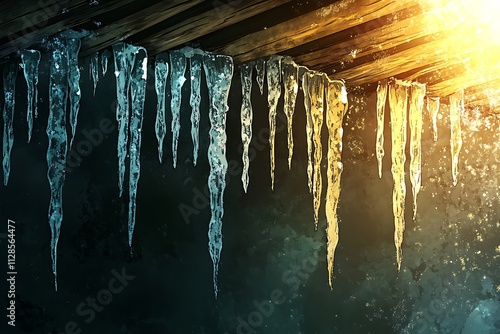 Crystal icicles hang like frozen stalactites from the winter roof, a breathtaking icy spectacleCrystal icicles hang like frozen stalactites from the winter roof, a breathtaking icy spectacle photo