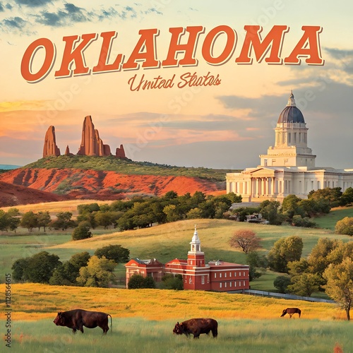 Oklahoma United States Poster Illustration Travel Print Decor Gift Paper Canvas Wall Retro Art