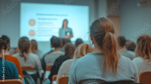 A photograph of an office presentation with students in the audience and one person standing at the front, showing data on a screen