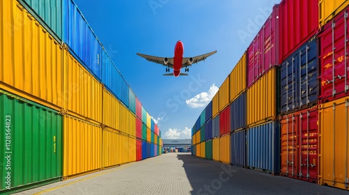 Colorful Cargo Containers & Airplane - Global Trade photo