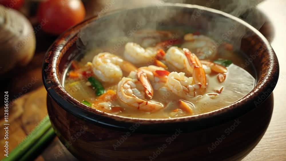 Bowl of soup with shrimp and carrots. The soup is hot and steamy. The bowl is made of wood and has a rustic appearance Bowl of soup with shrimp and carrots. The soup is hot and steamy. The bowl is made of wood and has a rustic appearance