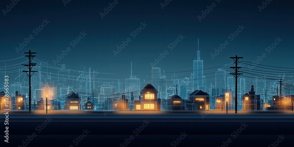 A serene night scene featuring illuminated houses against a city skyline, showcasing modern architecture and tranquil ambiance. A serene night scene featuring illuminated houses against a city skyline, showcasing modern architecture and tranquil ambiance.