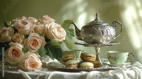 An elegant tea still life with a vintage silver teapot, crystal teacups, and green tea biscuits served on a tiered tray, styled with fresh roses and a sophisticated backdrop. --ar 16:9 photo