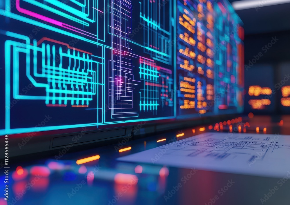 A futuristic digital display showing vibrant circuit patterns and glowing lines, representing technology and innovation in a modern setting. A futuristic digital display showing vibrant circuit patterns and glowing lines, representing technology and innovation in a modern setting.