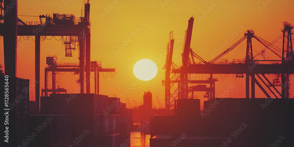 Industrial Port at Sunset with Shipping Containers Industrial Port at Sunset with Shipping Containers