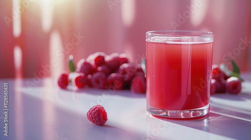 Natural antioxidant. Refreshing glass of vibrant raspberry juice with a backdrop of fresh raspberries, exuding summer freshness. Healthy fruitiness drink photo