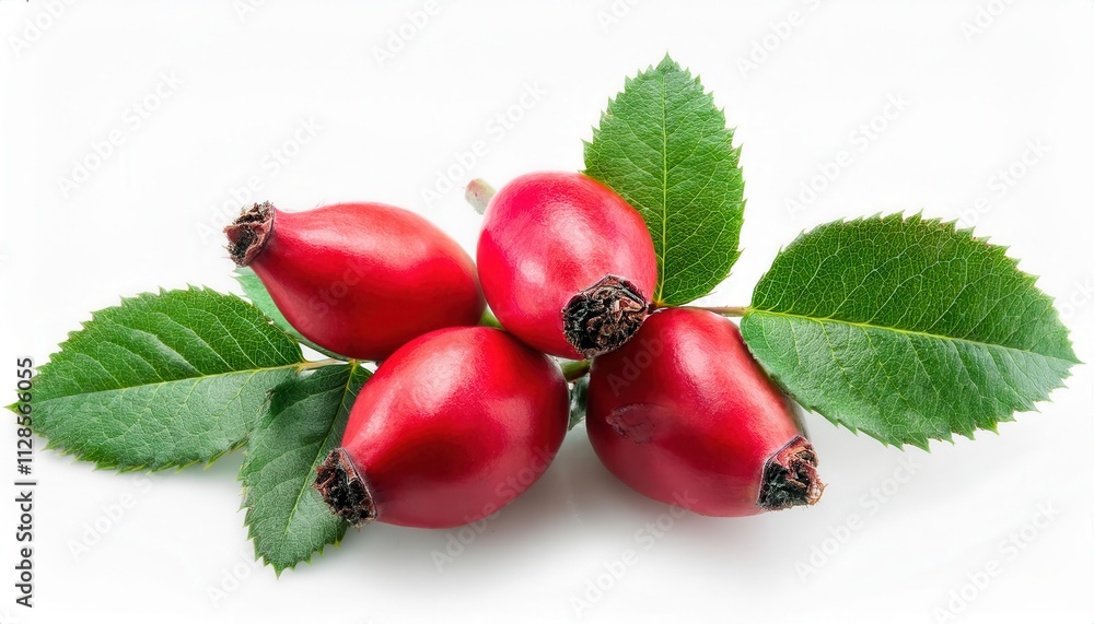 Close-Up of Bright Red Rosehips with Vibrant Green Leaves. Nutrient Rich Wild Rose Fruit Known for Its Use in Herbal Teas, Skincare Products, and Traditional Remedies Packed Vitamin C Antioxidants Close-Up of Bright Red Rosehips with Vibrant Green Leaves. Nutrient Rich Wild Rose Fruit Known for Its Use in Herbal Teas, Skincare Products, and Traditional Remedies Packed Vitamin C Antioxidants
