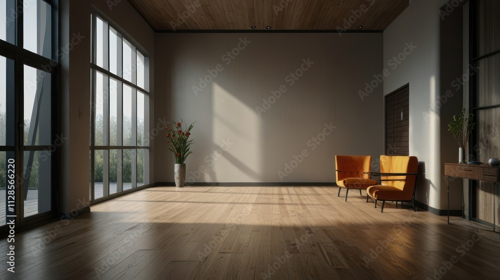 Obraz premium Sunlit modern room with hardwood floor, large windows, and orange chairs.