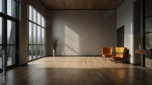 Wallpaper Mural Sunlit modern room with hardwood floor, large windows, and orange chairs. Torontodigital.ca