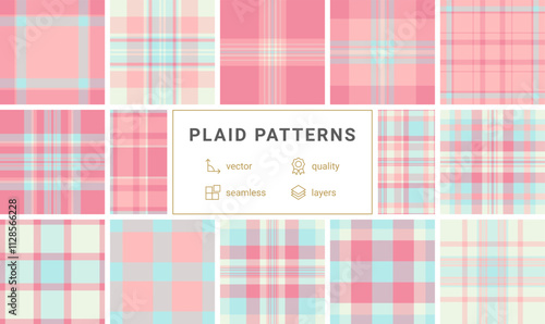 Geometric plaid pattern collection in bold colors, ideal for textile, clothing, or repeating wallpaper prints with a trendy touch.