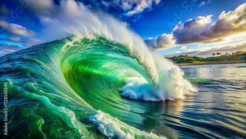 Aerial View of a Majestic Wave Crashing Over a Vibrant Green Ocean, Captured from Above in the Heart of the Ocean, Showcasing Nature's Power and Beauty photo