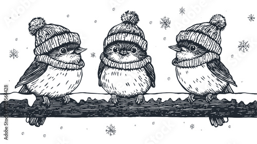 Three birds in winter hats on a fence, engraving style, vector illustration