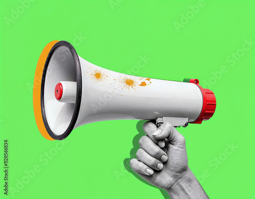 Creative retro 3d magazine collage image of ear listening bullhorn announcement isolated green color background