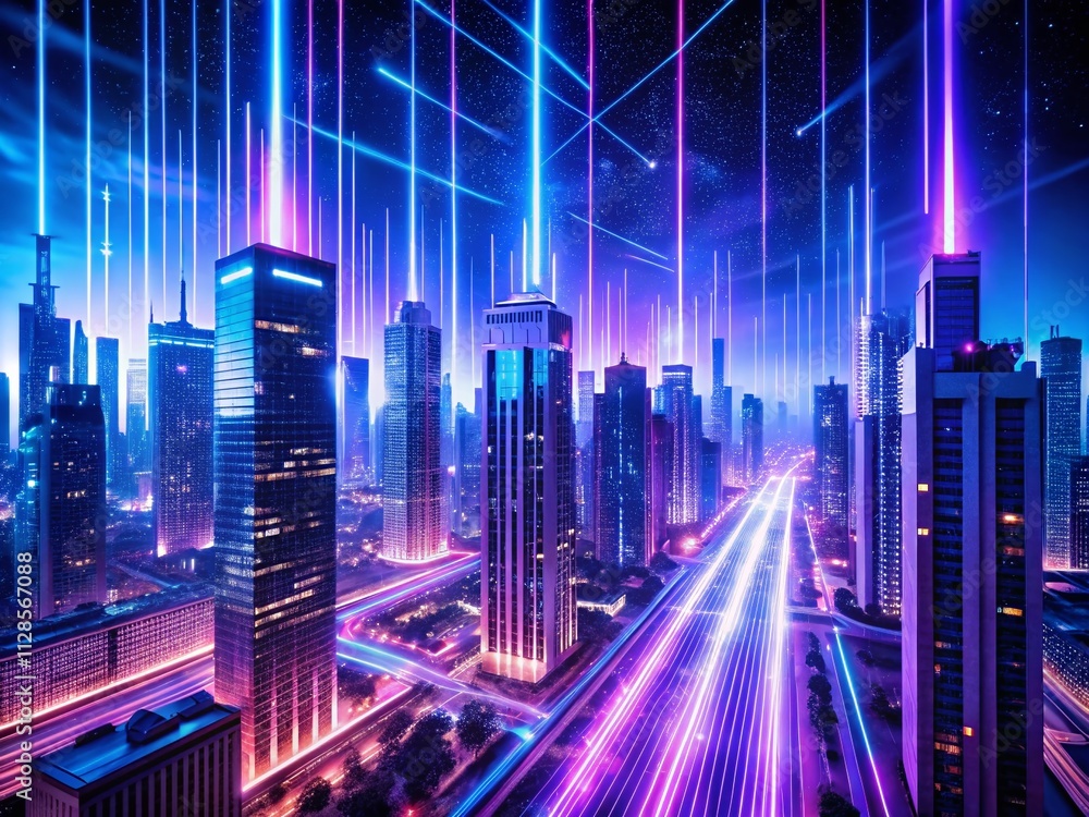 Obraz premium Aerial View of an Abstract Neon Urban Landscape with Glowing Ultraviolet Vertical Lines in a Virtual Reality City Scene Under the Night Sky with Skyscrapers and Empty Streets