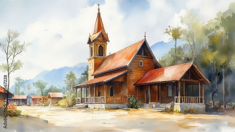 watercolor painting of an old wooden church in a little asian village watercolor painting of an old wooden church in a little asian village