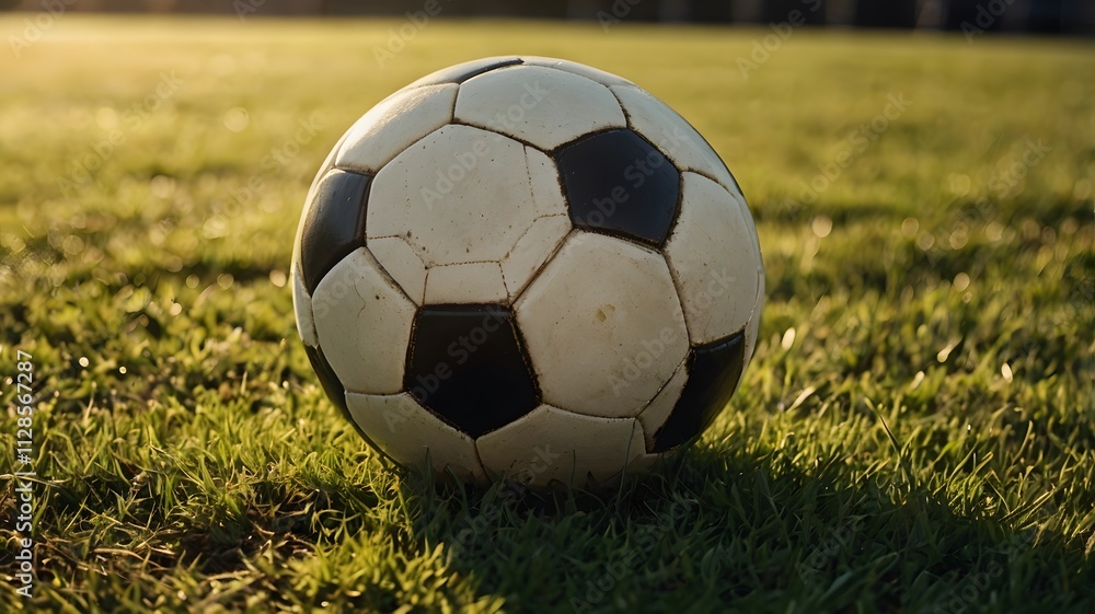Fototapeta premium Close-up of a football with bright grass and golden sunlight ambiance.