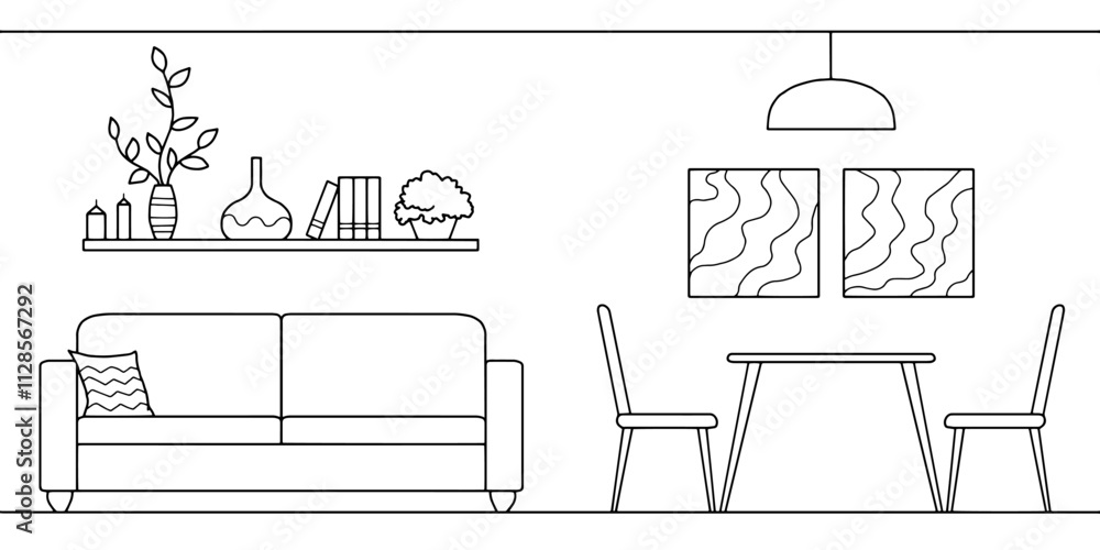 Apartment interior graphic black white sketch illustration vector Apartment interior graphic black white sketch illustration vector