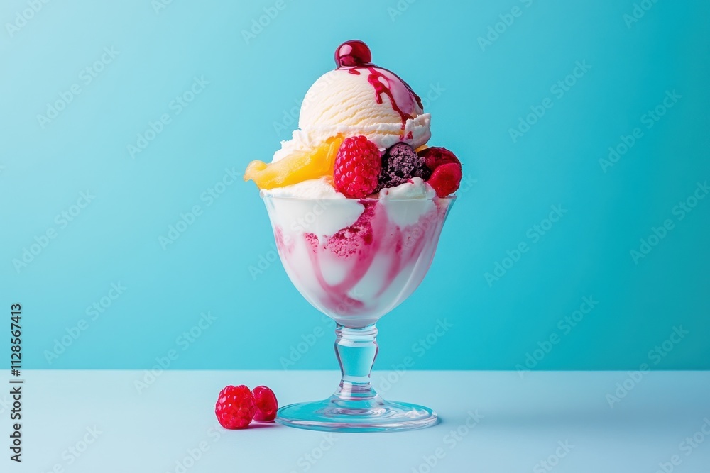 Delicious Ice Cream Sundae With Berries And Peach Delicious Ice Cream Sundae With Berries And Peach