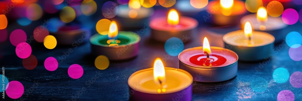Colorful candles lit against a backdrop of vibrant bokeh lights. Colorful candles lit against a backdrop of vibrant bokeh lights.